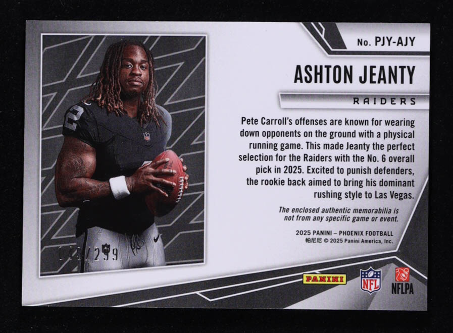 Ashton Jeanty 2025 Panini Phoenix Rookie Phenom Jerseys Red #21 #049/299 RC at PristineAuction.com Ashton Jeanty 2025 Panini Phoenix Rookie Phenom Jerseys Red #21 #049/299 RC at PristineAuction.com