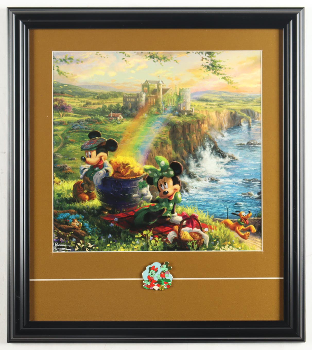 Thomas Kinkade "Mickey and Minnie Mouse in Ireland" Custom Framed Print with Disney Mickey & Minnie Irish Green Pin at PristineAuction.com Thomas Kinkade "Mickey and Minnie Mouse in Ireland" Custom Framed Print with Disney Mickey & Minnie Irish Green Pin at PristineAuction.com