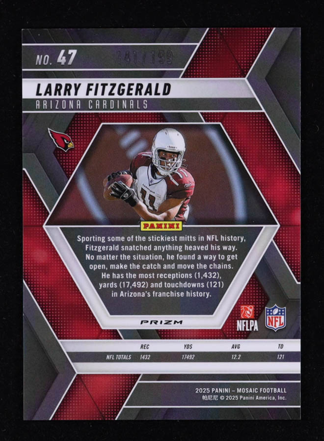 Larry Fitzgerald 2025 Panini Mosaic Mosaic Orange #47 #141/199 at PristineAuction.com Larry Fitzgerald 2025 Panini Mosaic Mosaic Orange #47 #141/199 at PristineAuction.com