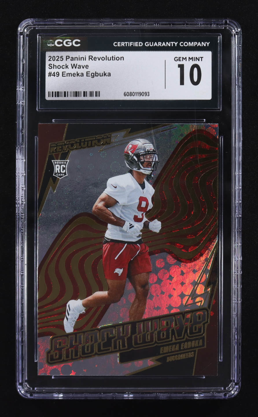 Emeka Egbuka 2025 Panini Revolution Shock Wave #49 RC (CGC 10) at PristineAuction.com Emeka Egbuka 2025 Panini Revolution Shock Wave #49 RC (CGC 10) at PristineAuction.com