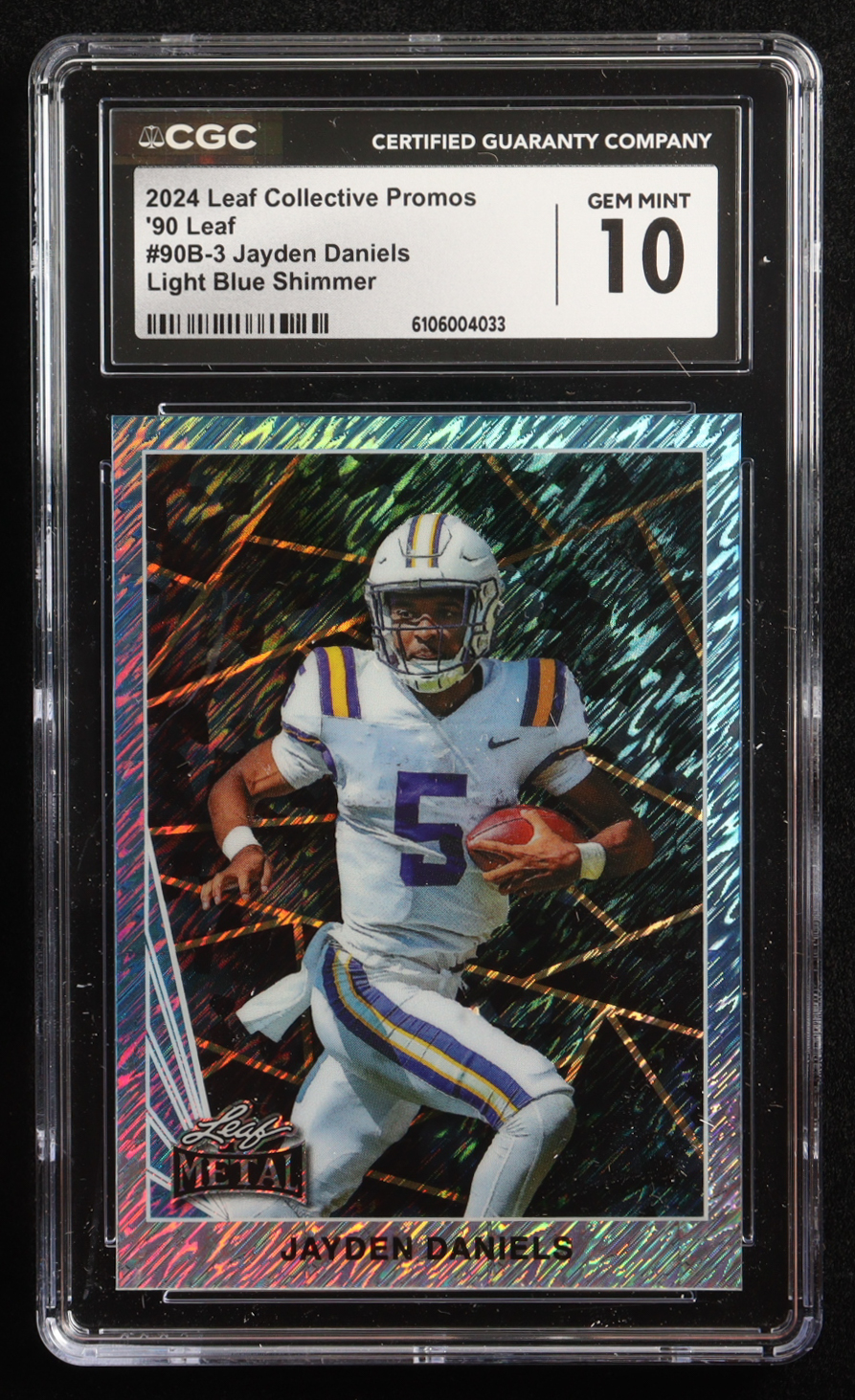 Jayden Daniels 2024 Leaf Collective Promo '90 Leaf Shimmer Light Blue #90B3 (CGC 10) at PristineAuction.com Jayden Daniels 2024 Leaf Collective Promo '90 Leaf Shimmer Light Blue #90B3 (CGC 10) at PristineAuction.com