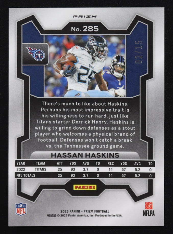 Hassan Haskins 2023 Panini Prizm Prizms No Huddle Pink #285 #02/15 at PristineAuction.com Hassan Haskins 2023 Panini Prizm Prizms No Huddle Pink #285 #02/15 at PristineAuction.com