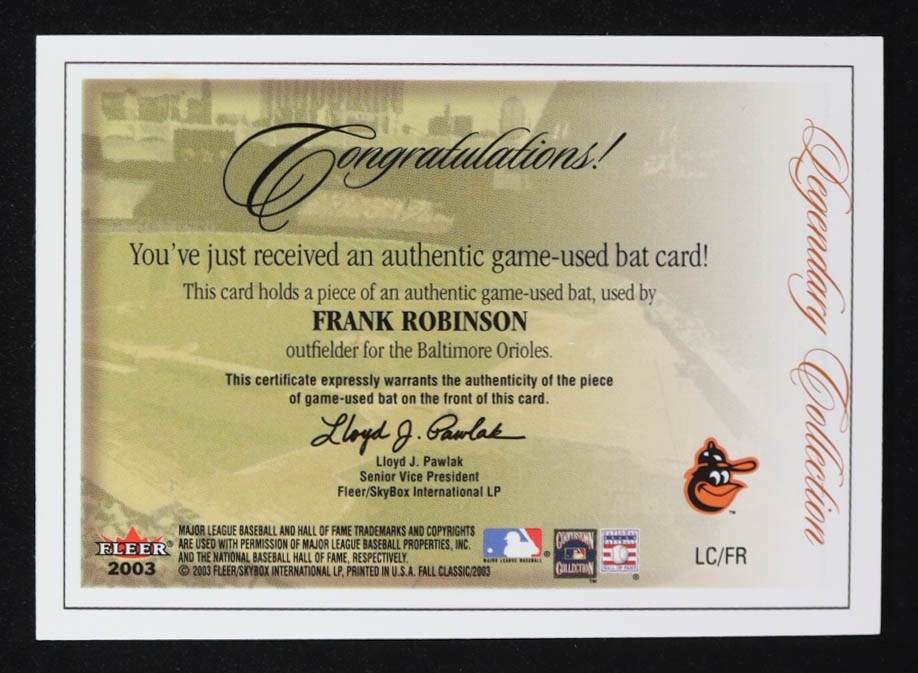 Frank Robinson 2003 Fleer Fall Classics Legendary Collection Memorabilia #FR at PristineAuction.com Frank Robinson 2003 Fleer Fall Classics Legendary Collection Memorabilia #FR at PristineAuction.com
