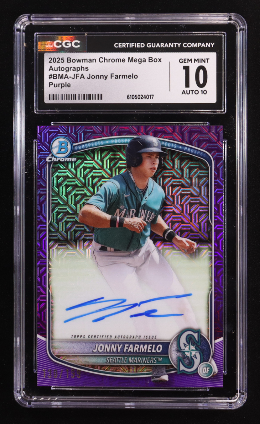 Jonny Farmelo 2025 Bowman Chrome Mega Box Prospect Autographs Purple Refractors #BMAJFA #130/199 (CGC 10) at PristineAuction.com Jonny Farmelo 2025 Bowman Chrome Mega Box Prospect Autographs Purple Refractors #BMAJFA #130/199 (CGC 10) at PristineAuction.com