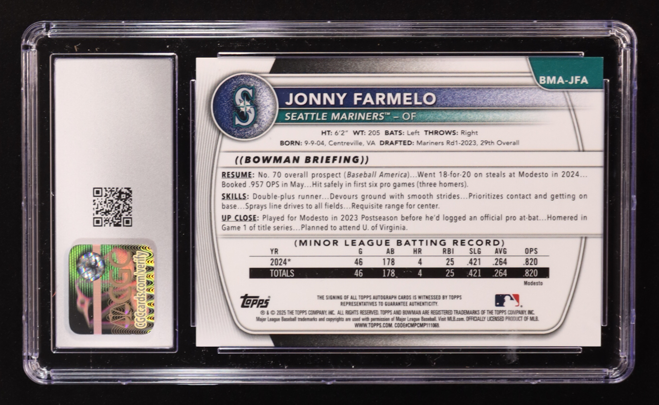 Jonny Farmelo 2025 Bowman Chrome Mega Box Prospect Autographs Purple Refractors #BMAJFA #130/199 (CGC 10) at PristineAuction.com Jonny Farmelo 2025 Bowman Chrome Mega Box Prospect Autographs Purple Refractors #BMAJFA #130/199 (CGC 10) at PristineAuction.com