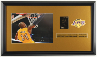 Kobe Bryant Lakers Custom Framed Photo Display with 23kt Gold Fleer Rookie Card and Lakers Cloth Logo Patch at PristineAuction.com