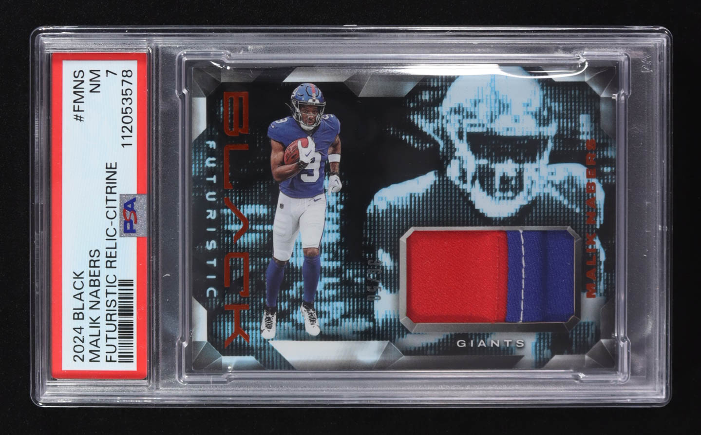 Malik Nabers 2024 Panini Black Futuristic Relic-Citrine #F-MNS RC #36/50 (PSA 7) at PristineAuction.com Malik Nabers 2024 Panini Black Futuristic Relic-Citrine #F-MNS RC #36/50 (PSA 7) at PristineAuction.com