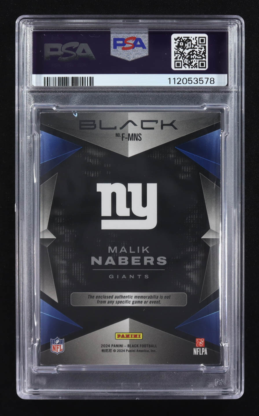 Malik Nabers 2024 Panini Black Futuristic Relic-Citrine #F-MNS RC #36/50 (PSA 7) at PristineAuction.com Malik Nabers 2024 Panini Black Futuristic Relic-Citrine #F-MNS RC #36/50 (PSA 7) at PristineAuction.com