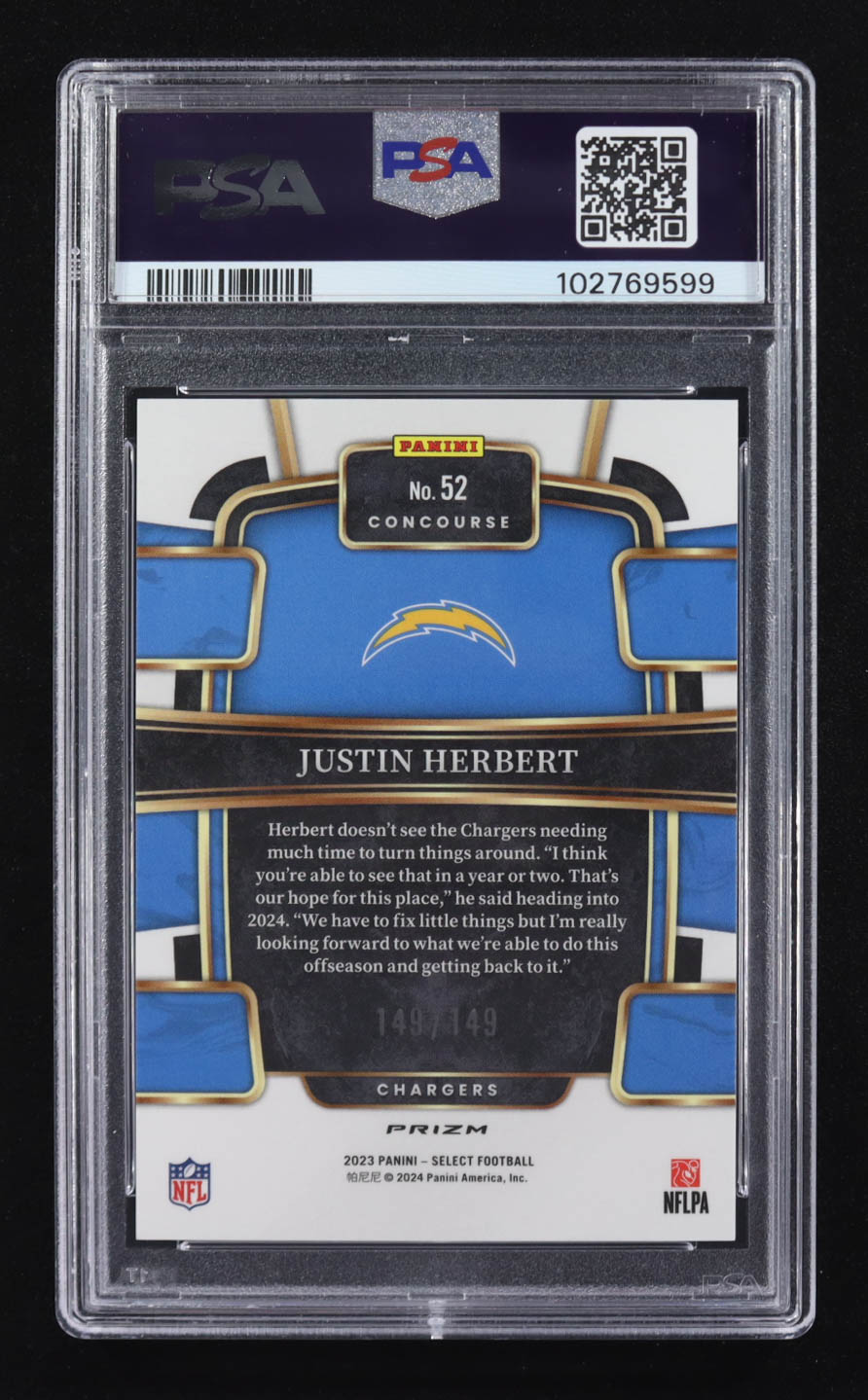 Justin Herbert 2023 Panini Select Maroon Prizm #52 #149/149 (PSA 10) at PristineAuction.com Justin Herbert 2023 Panini Select Maroon Prizm #52 #149/149 (PSA 10) at PristineAuction.com