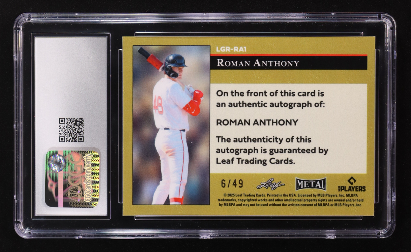 Roman Anthony 2025 Leaf Metal '92 Leaf Gold Leaf Rookies Autographs Lite Brite Silver #LGRRA1 #06/49 RC (CGC 8.5) at PristineAuction.com Roman Anthony 2025 Leaf Metal '92 Leaf Gold Leaf Rookies Autographs Lite Brite Silver #LGRRA1 #06/49 RC (CGC 8.5) at PristineAuction.com
