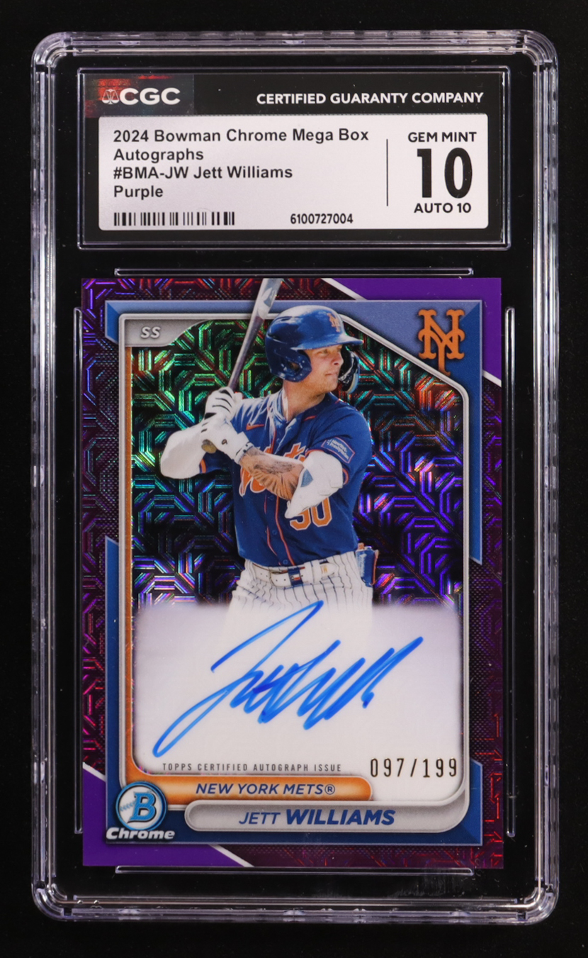 Jett Williams 2024 Bowman Chrome Mega Box Autographs Purple Refractors #BMAJW #097/199 (CGC 10) at PristineAuction.com Jett Williams 2024 Bowman Chrome Mega Box Autographs Purple Refractors #BMAJW #097/199 (CGC 10) at PristineAuction.com