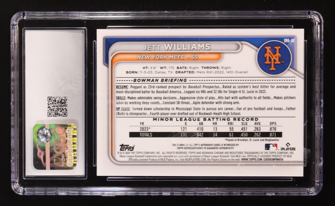 Jett Williams 2024 Bowman Chrome Mega Box Autographs Purple Refractors #BMAJW #097/199 (CGC 10) at PristineAuction.com Jett Williams 2024 Bowman Chrome Mega Box Autographs Purple Refractors #BMAJW #097/199 (CGC 10) at PristineAuction.com