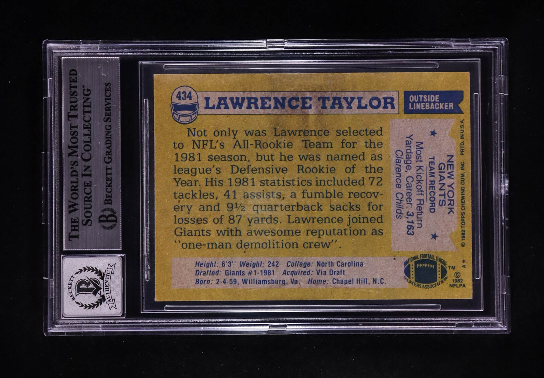 Lawrence Taylor Signed 1982 Topps #434 RC Inscribed "81 NFL DROY" & "HOF 99" (BGS | Auto 10) at PristineAuction.com Lawrence Taylor Signed 1982 Topps #434 RC Inscribed "81 NFL DROY" & "HOF 99" (BGS | Auto 10) at PristineAuction.com