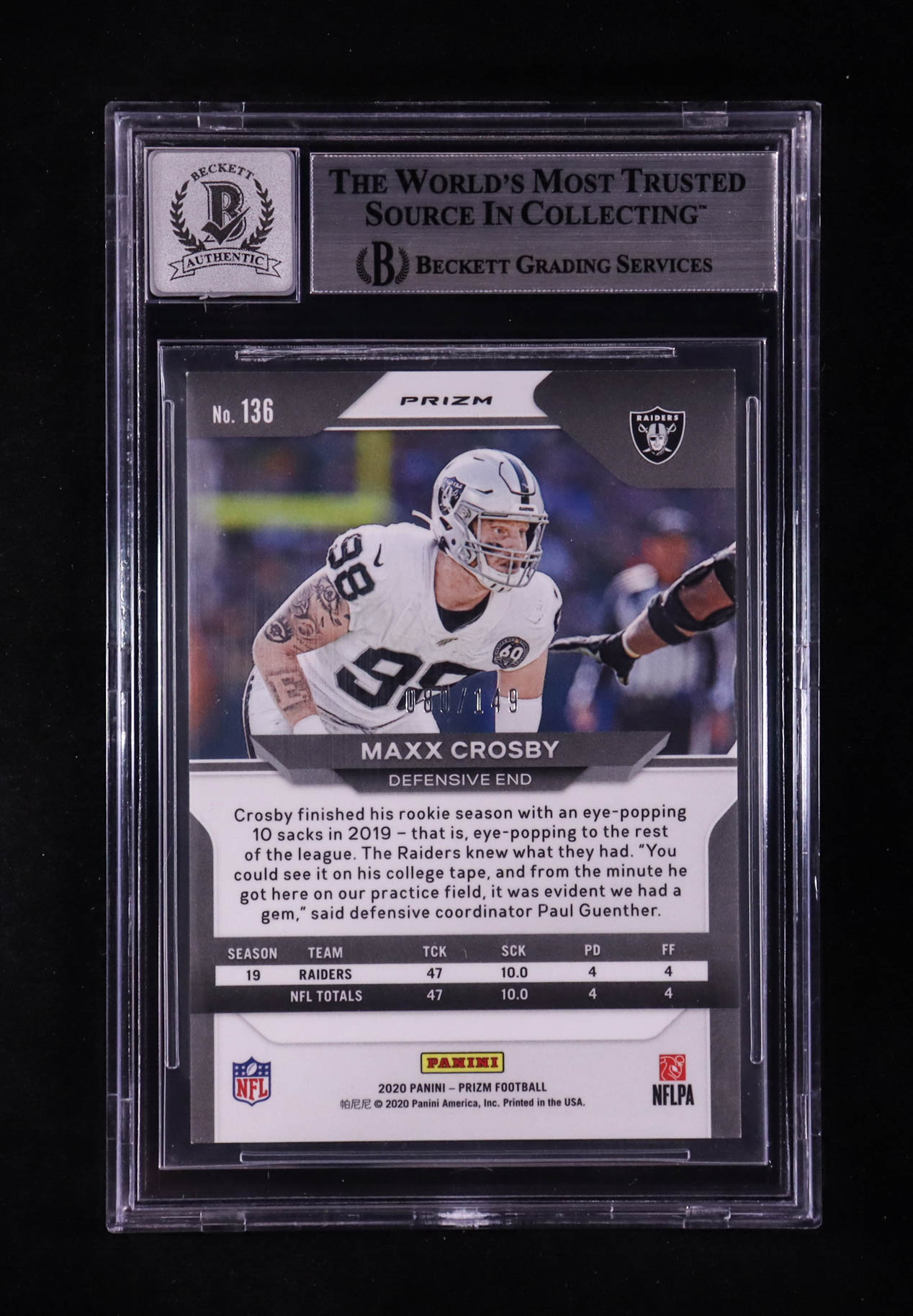 Maxx Crosby Signed 2020 Panini Prizm Prizms Red Wave #136 #80/149 (BGS | Auto 10) at PristineAuction.com Maxx Crosby Signed 2020 Panini Prizm Prizms Red Wave #136 #80/149 (BGS | Auto 10) at PristineAuction.com