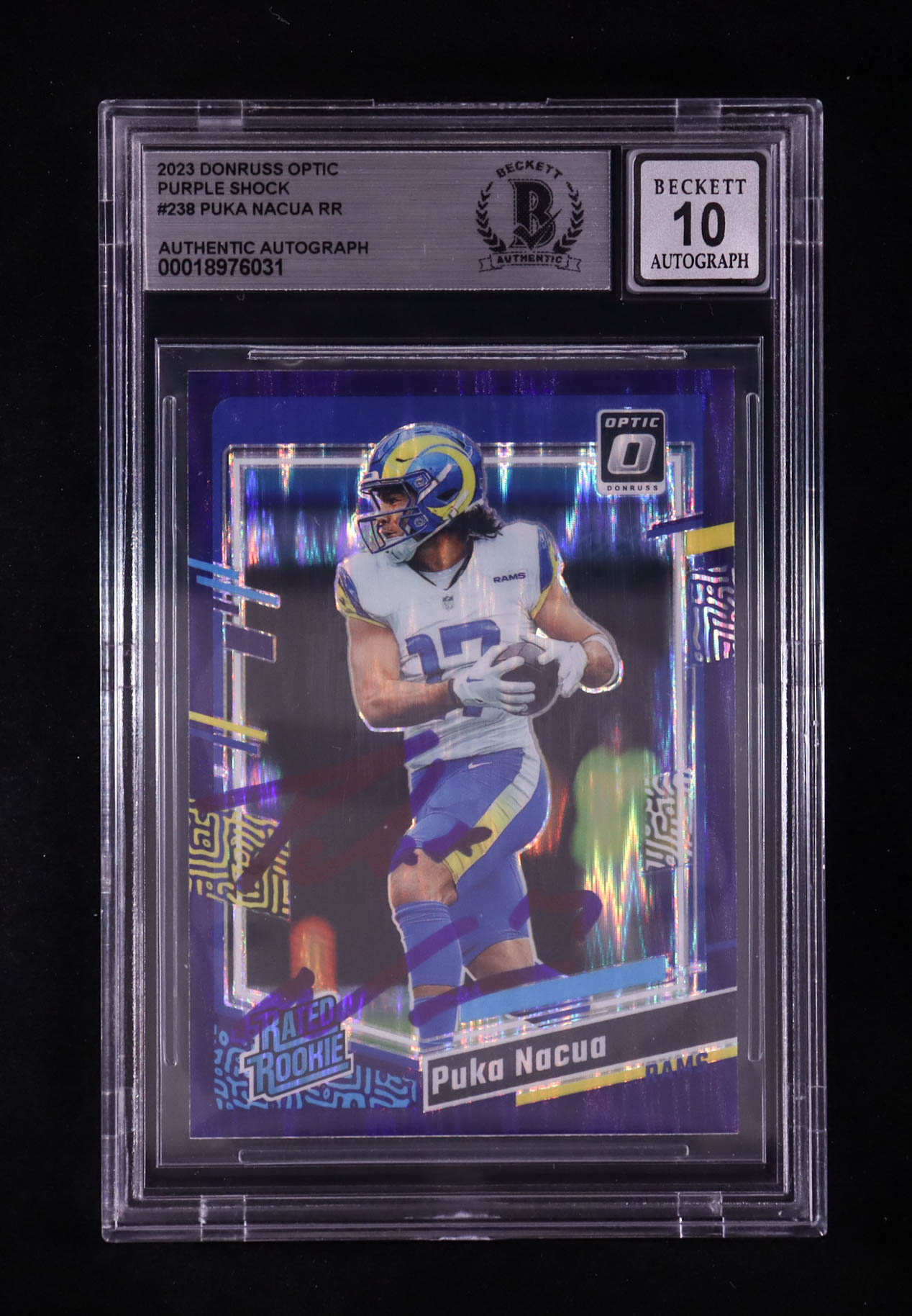 Puka Nacua Signed 2023 Donruss Optic Purple Shock #238 RC (BGS | Auto 10) at PristineAuction.com Puka Nacua Signed 2023 Donruss Optic Purple Shock #238 RC (BGS | Auto 10) at PristineAuction.com