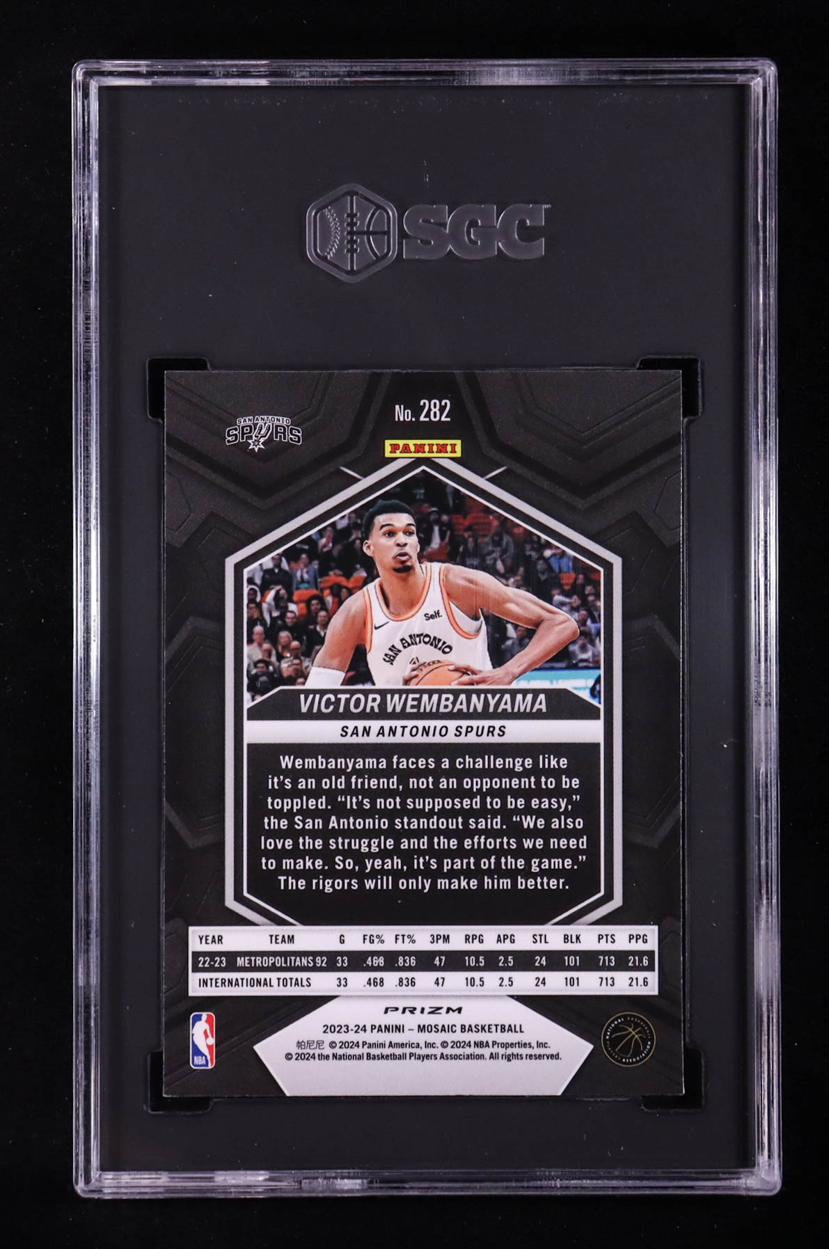 Victor Wembanyama 2023-24 Panini Mosaic Mosaic Green #282 RC / City Edition (SGC 10) at PristineAuction.com Victor Wembanyama 2023-24 Panini Mosaic Mosaic Green #282 RC / City Edition (SGC 10) at PristineAuction.com