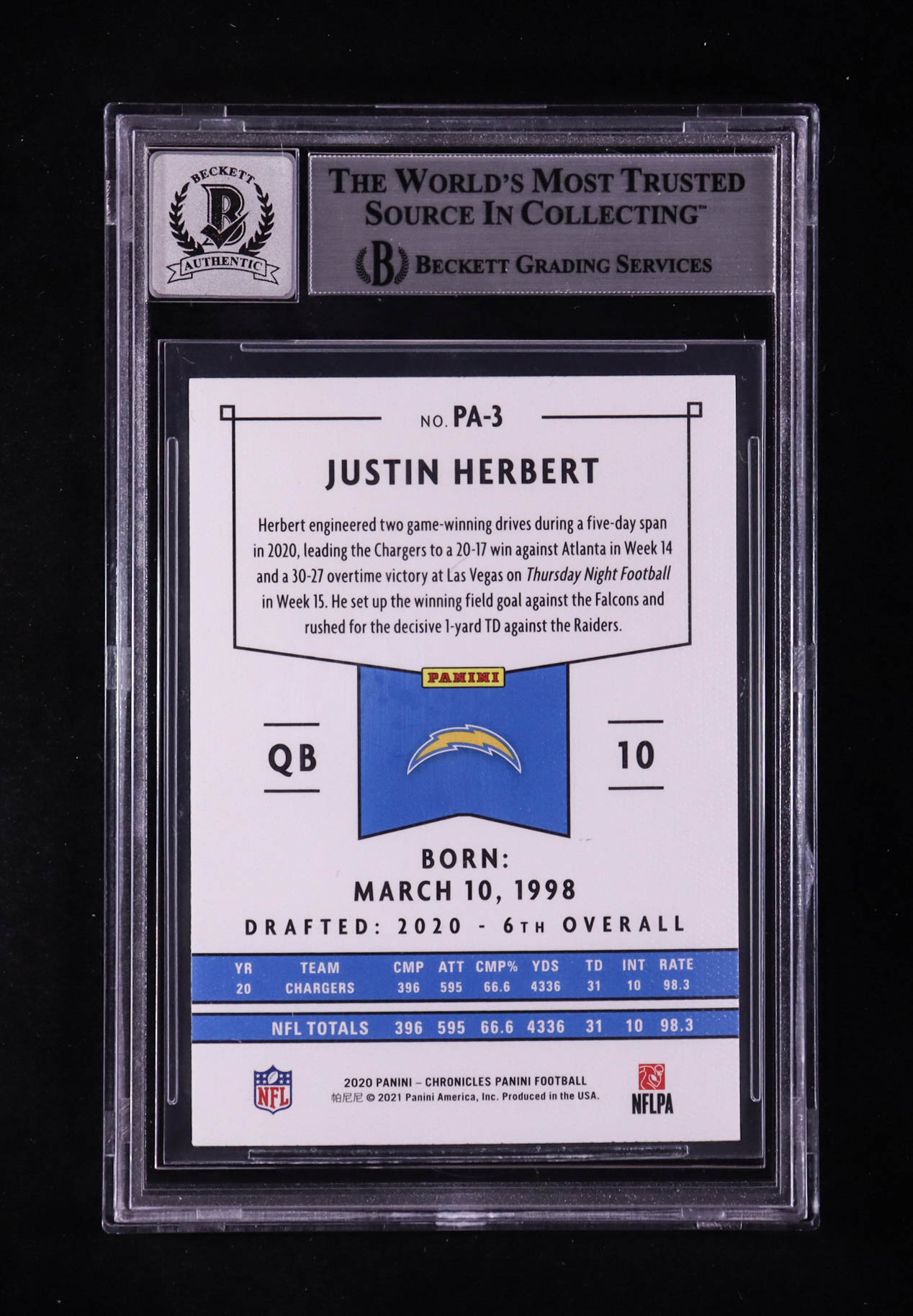 Justin Herbert Signed 2020 Panini Chronicles #PA3 RC (BGS | Auto 10) at PristineAuction.com Justin Herbert Signed 2020 Panini Chronicles #PA3 RC (BGS | Auto 10) at PristineAuction.com