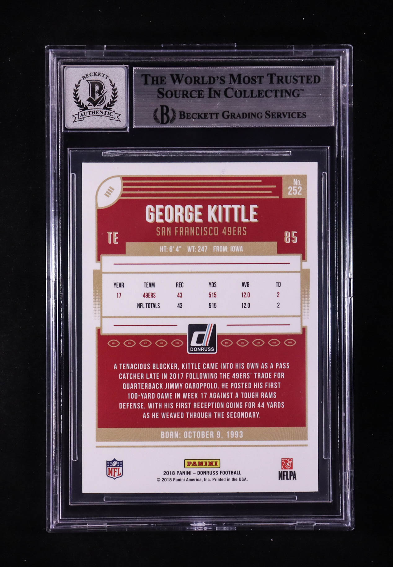 George Kittle Signed 2018 Donruss Press Proof Red #252 (BGS | Auto 10) at PristineAuction.com George Kittle Signed 2018 Donruss Press Proof Red #252 (BGS | Auto 10) at PristineAuction.com