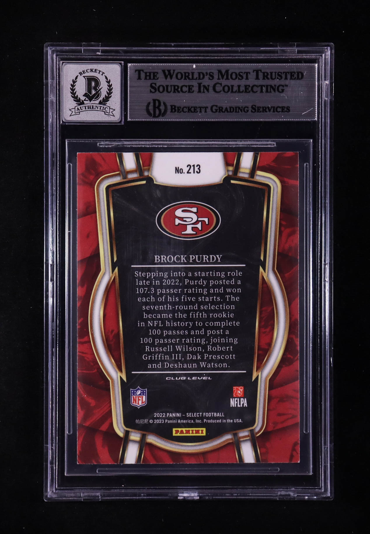 Brock Purdy Signed 2022 Select #213 RC (BGS | Auto 10) at PristineAuction.com Brock Purdy Signed 2022 Select #213 RC (BGS | Auto 10) at PristineAuction.com