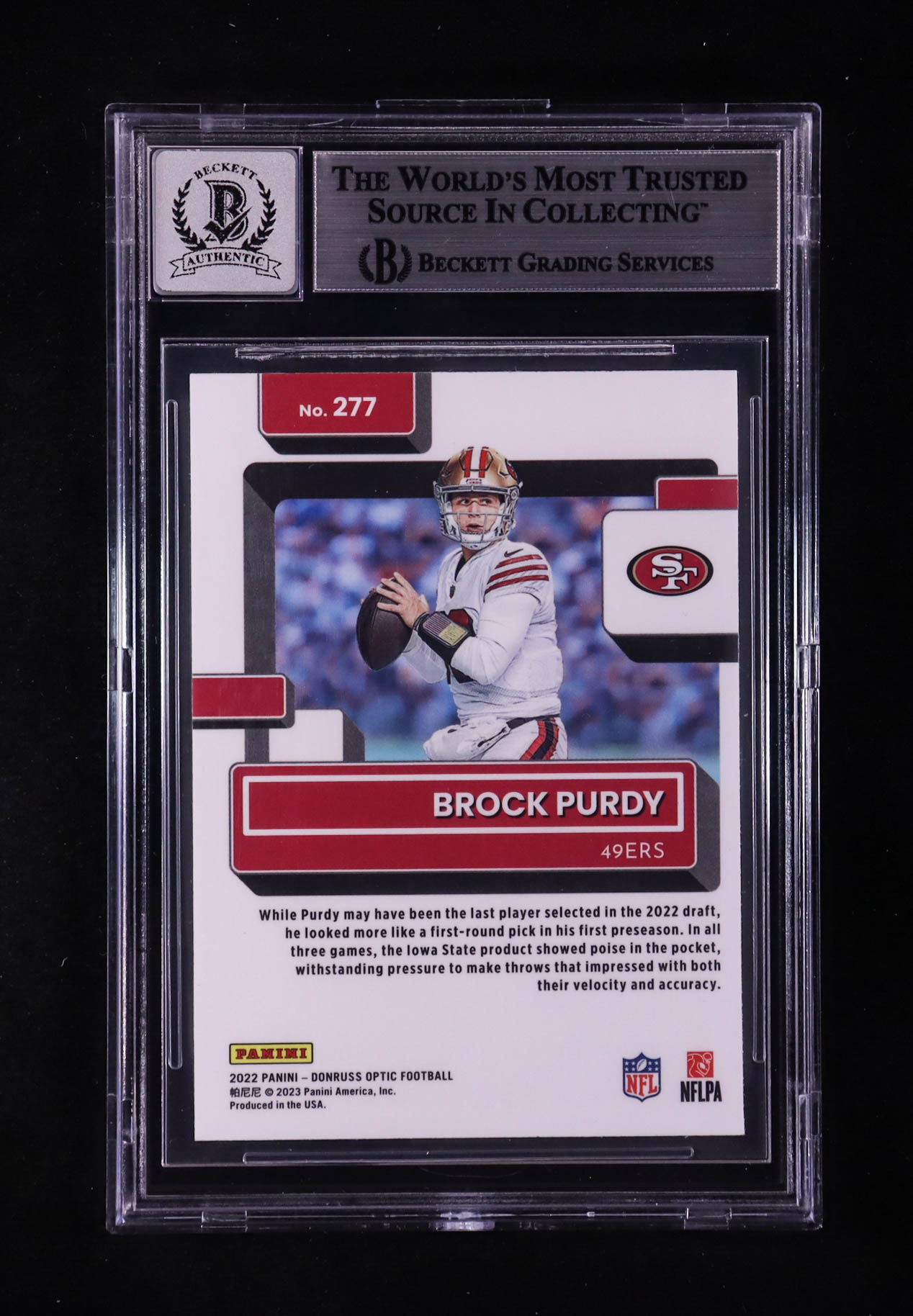 Brock Purdy Signed 2022 Donruss Optic #277 RC (BGS | Auto 10) at PristineAuction.com Brock Purdy Signed 2022 Donruss Optic #277 RC (BGS | Auto 10) at PristineAuction.com