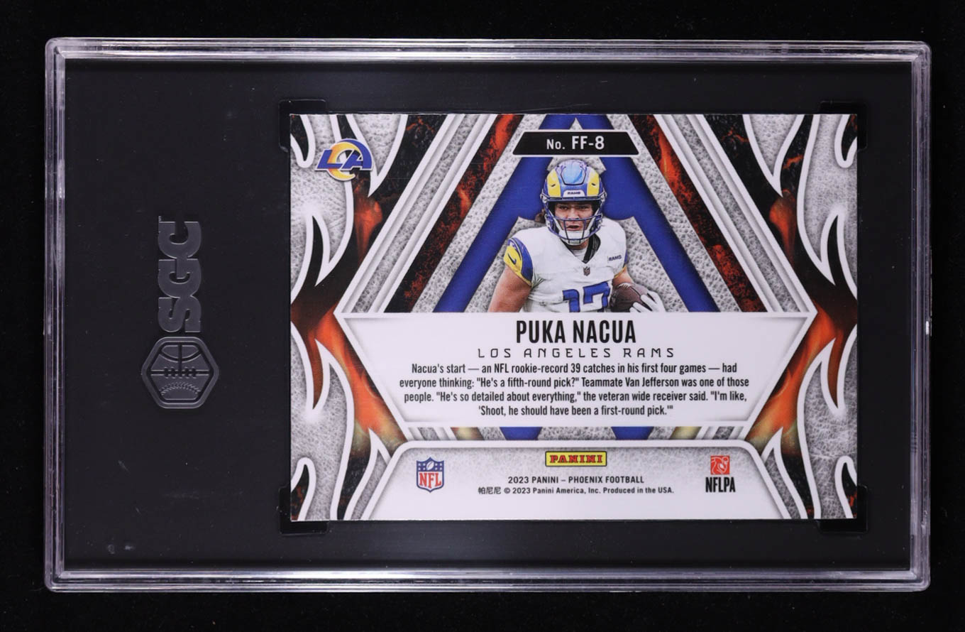 Puka Nacua 2023 Panini Phoenix Fire Forged Silver Seismic #8 RC (SGC 10) at PristineAuction.com Puka Nacua 2023 Panini Phoenix Fire Forged Silver Seismic #8 RC (SGC 10) at PristineAuction.com