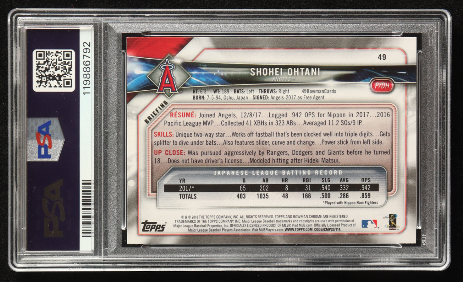 Shohei Ohtani 2018 Bowman #49 RC (PSA 9) at PristineAuction.com Shohei Ohtani 2018 Bowman #49 RC (PSA 9) at PristineAuction.com