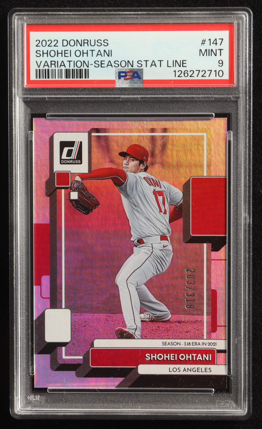 Shohei Ohtani 2022 Donruss Variations Stat Line Season #147 #203/318 (PSA 9) at PristineAuction.com Shohei Ohtani 2022 Donruss Variations Stat Line Season #147 #203/318 (PSA 9) at PristineAuction.com