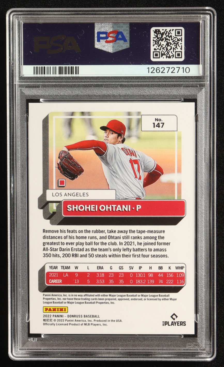 Shohei Ohtani 2022 Donruss Variations Stat Line Season #147 #203/318 (PSA 9) at PristineAuction.com Shohei Ohtani 2022 Donruss Variations Stat Line Season #147 #203/318 (PSA 9) at PristineAuction.com