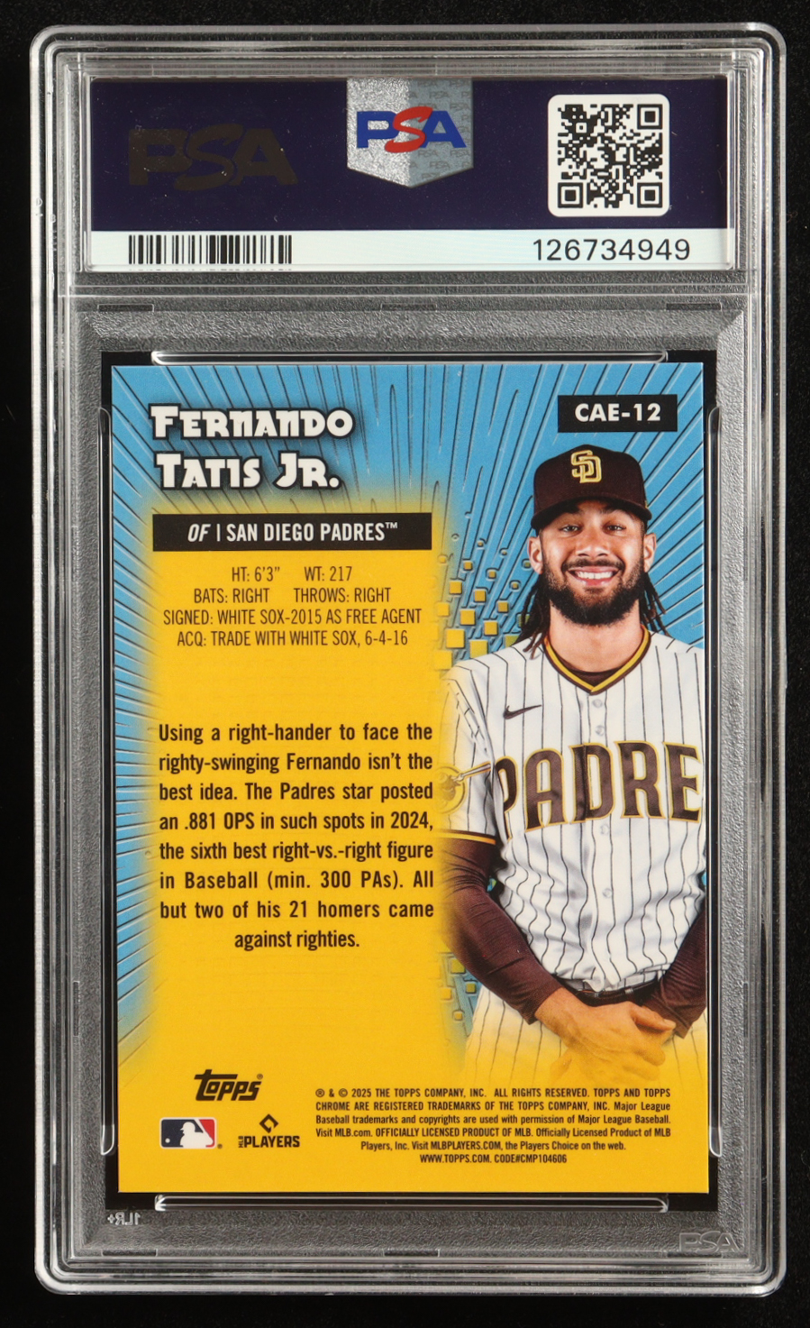 Fernando Tatis Jr. 2025 Topps Chrome All Etch Orange Refractors #CAE12 #20/25 (PSA 10) at PristineAuction.com Fernando Tatis Jr. 2025 Topps Chrome All Etch Orange Refractors #CAE12 #20/25 (PSA 10) at PristineAuction.com