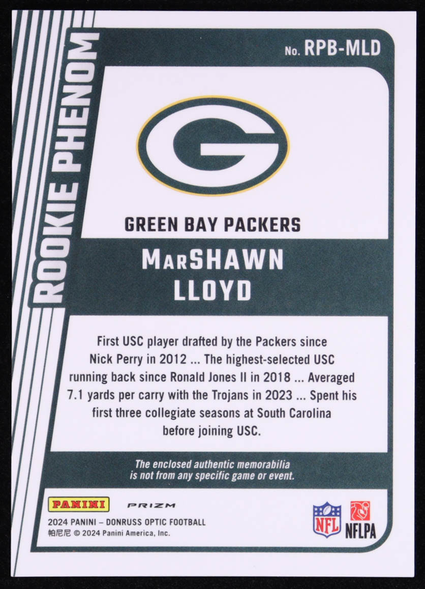 MarShawn Lloyd 2024 Donruss Optic Rookie Phenoms Blue Hyper #29 RC at PristineAuction.com MarShawn Lloyd 2024 Donruss Optic Rookie Phenoms Blue Hyper #29 RC at PristineAuction.com