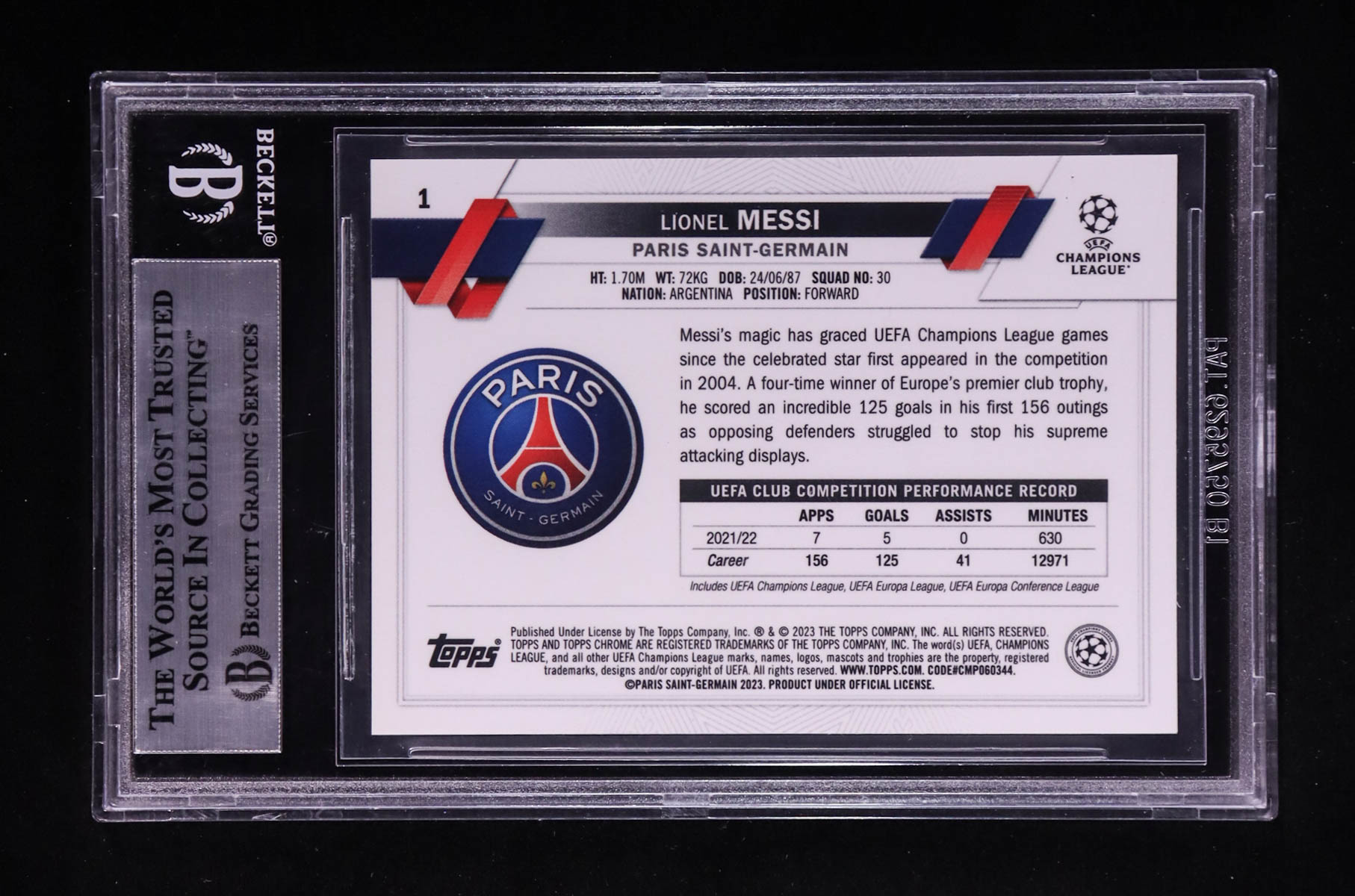 Lionel Messi Signed 2022-23 Topps Chrome Sapphire UEFA Club Competitions #1 (BGS) at PristineAuction.com Lionel Messi Signed 2022-23 Topps Chrome Sapphire UEFA Club Competitions #1 (BGS) at PristineAuction.com