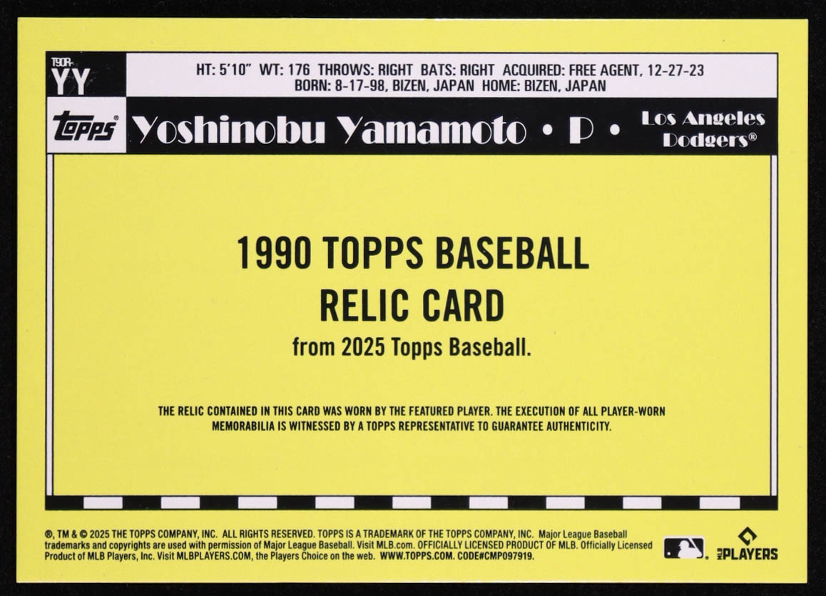 Yoshinobu Yamamoto 2025 Topps '90 Topps Relics #T90RYY at PristineAuction.com Yoshinobu Yamamoto 2025 Topps '90 Topps Relics #T90RYY at PristineAuction.com
