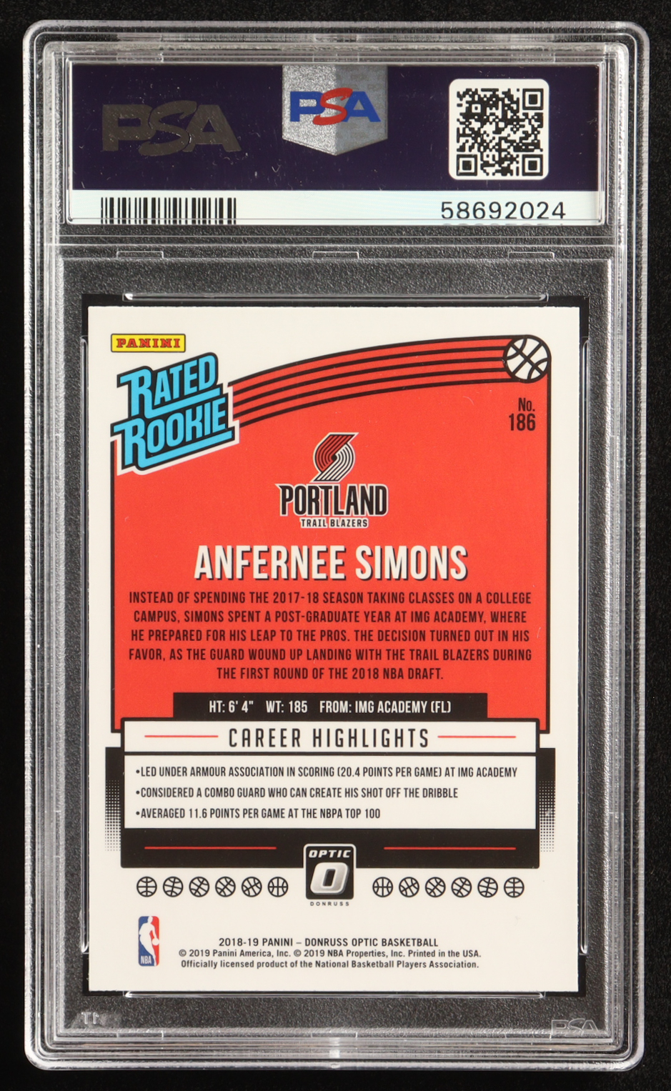 Anfernee Simons 2018-19 Donruss Optic #186 RR RC (PSA 9) at PristineAuction.com Anfernee Simons 2018-19 Donruss Optic #186 RR RC (PSA 9) at PristineAuction.com