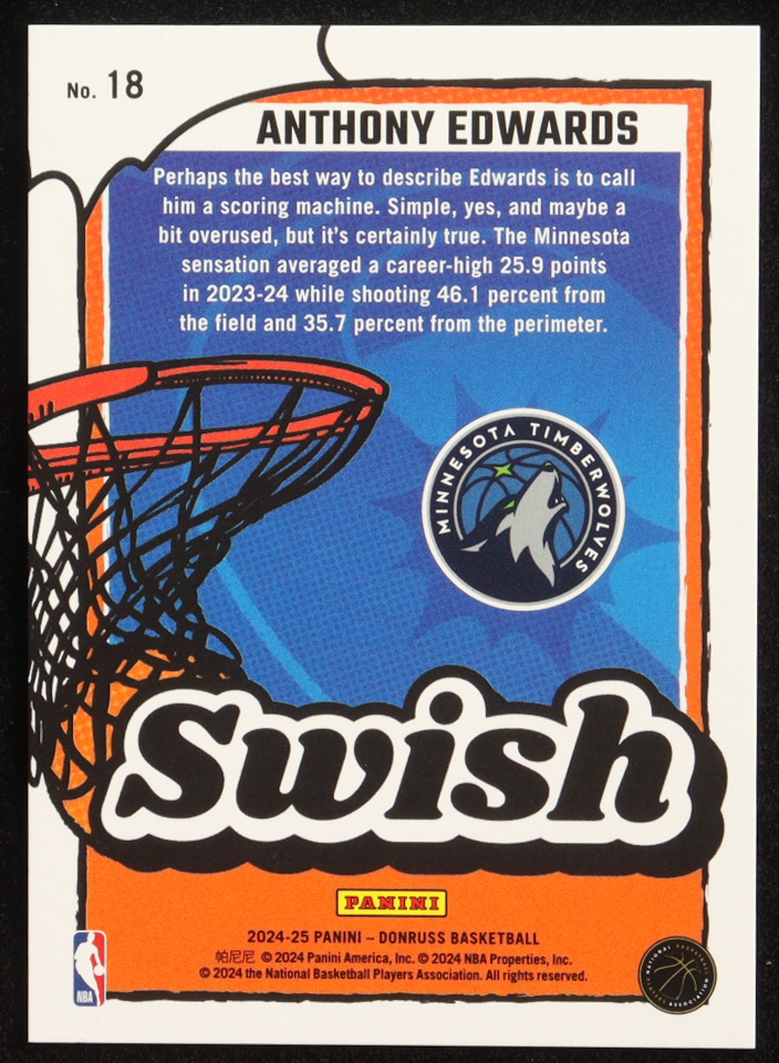 Anthony Edwards 2024-25 Donruss Swish Holo Laser #18 #31/99 at PristineAuction.com Anthony Edwards 2024-25 Donruss Swish Holo Laser #18 #31/99 at PristineAuction.com