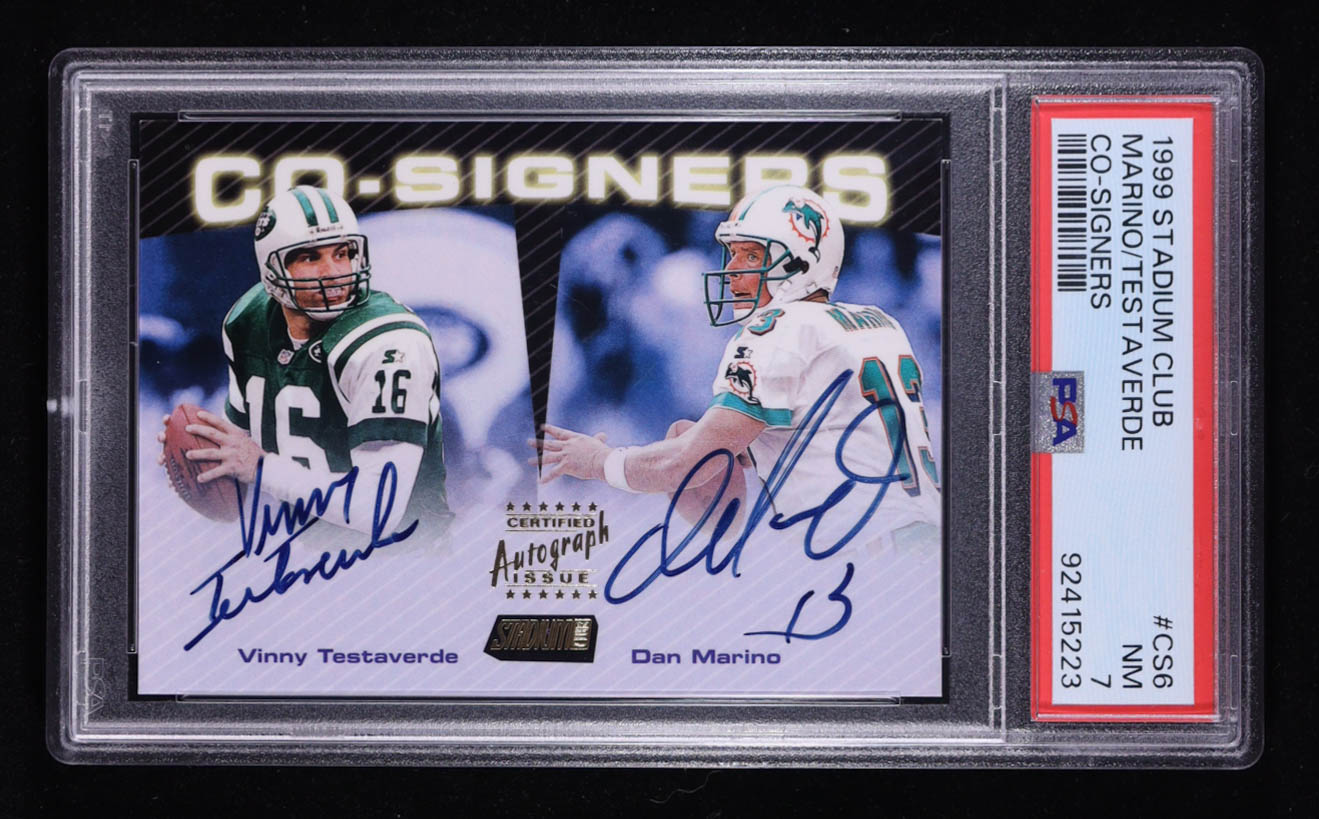 Dan Marino / Vinny Testaverde 1999 Topps Stadium Club Co-Signers Autographs #CS-6 (PSA 7) at PristineAuction.com Dan Marino / Vinny Testaverde 1999 Topps Stadium Club Co-Signers Autographs #CS-6 (PSA 7) at PristineAuction.com