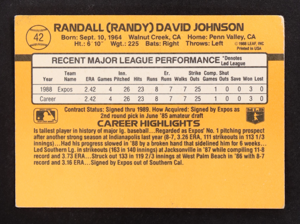 Randy Johnson 1989 Donruss #42 RC RR RC at PristineAuction.com Randy Johnson 1989 Donruss #42 RC RR RC at PristineAuction.com