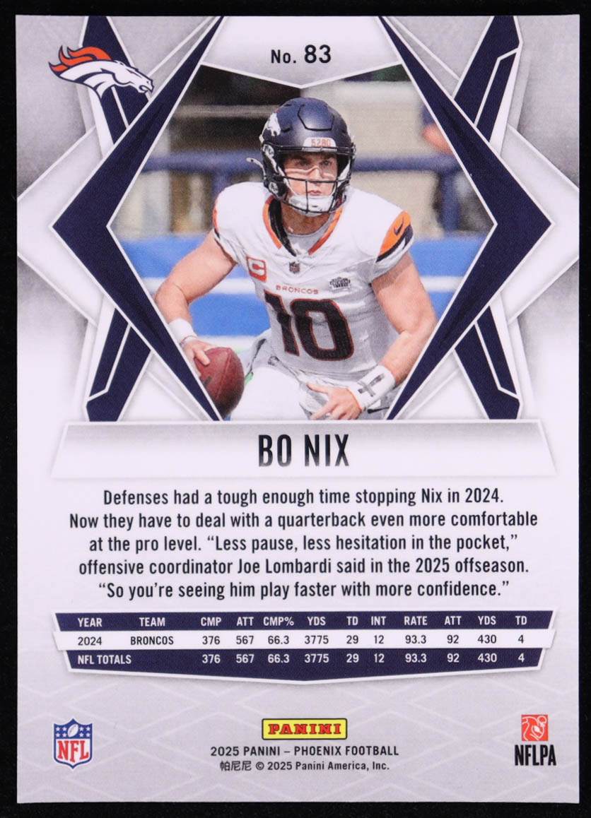 Bo Nix 2025 Panini Phoenix Silver #83 at PristineAuction.com Bo Nix 2025 Panini Phoenix Silver #83 at PristineAuction.com