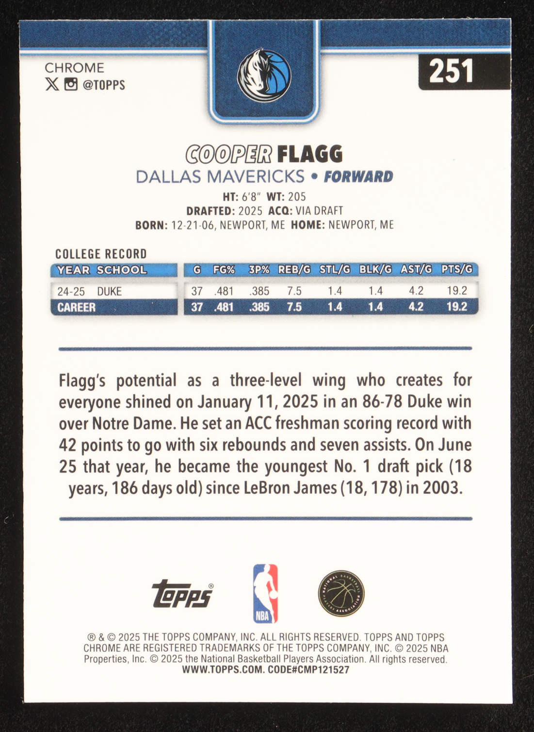 Cooper Flagg 2025-26 Topps Chrome #251 RC at PristineAuction.com Cooper Flagg 2025-26 Topps Chrome #251 RC at PristineAuction.com