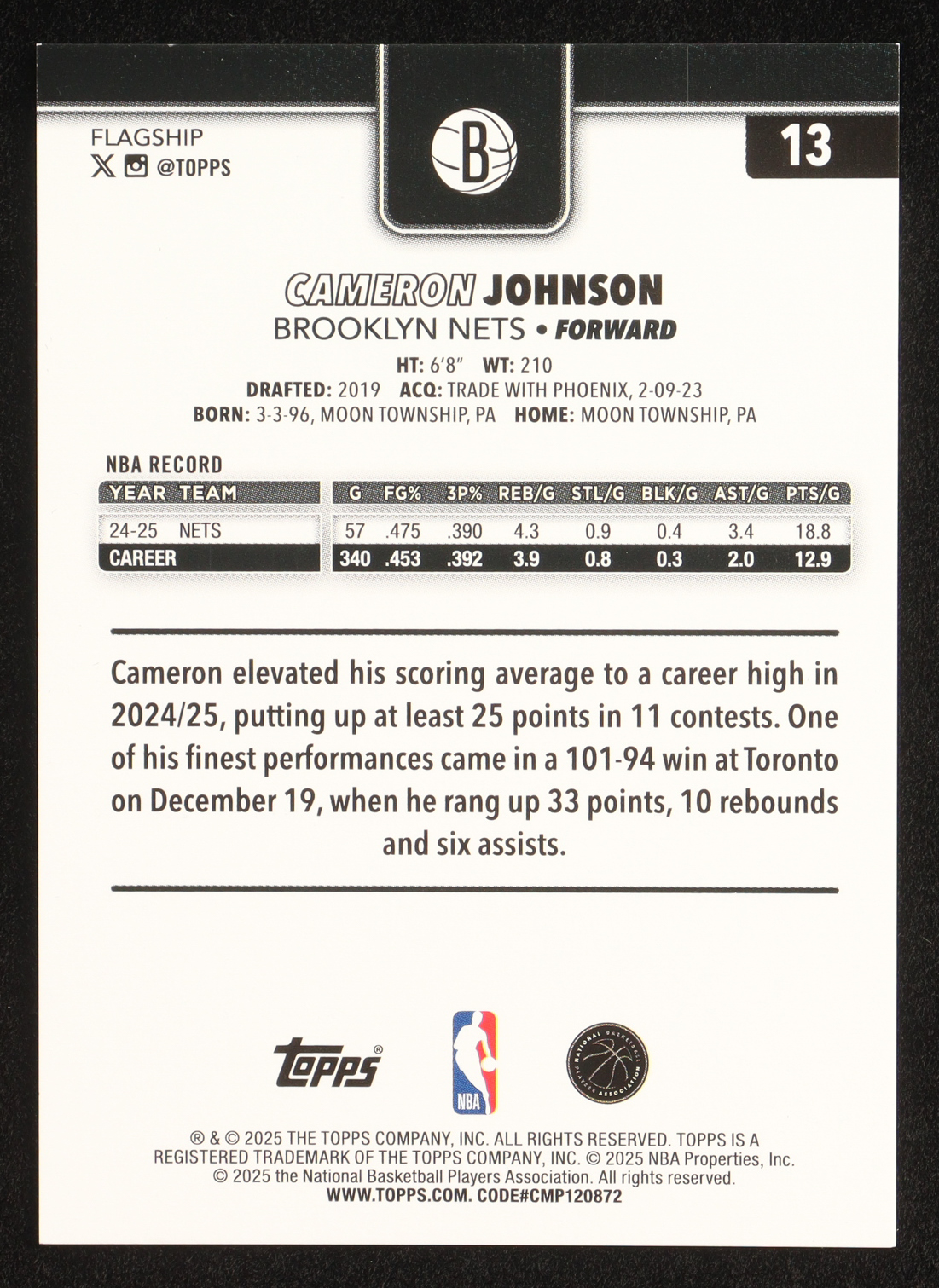 Cameron Johnson 2025-26 Topps Black Holo Foil #13 #10/10 at PristineAuction.com Cameron Johnson 2025-26 Topps Black Holo Foil #13 #10/10 at PristineAuction.com