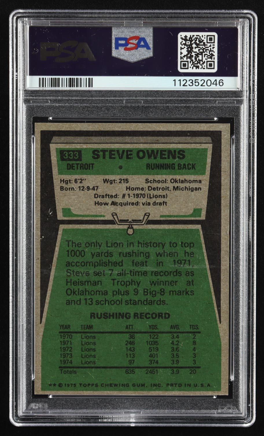 Steve Owens 1975 Topps #333 (PSA 8) at PristineAuction.com Steve Owens 1975 Topps #333 (PSA 8) at PristineAuction.com
