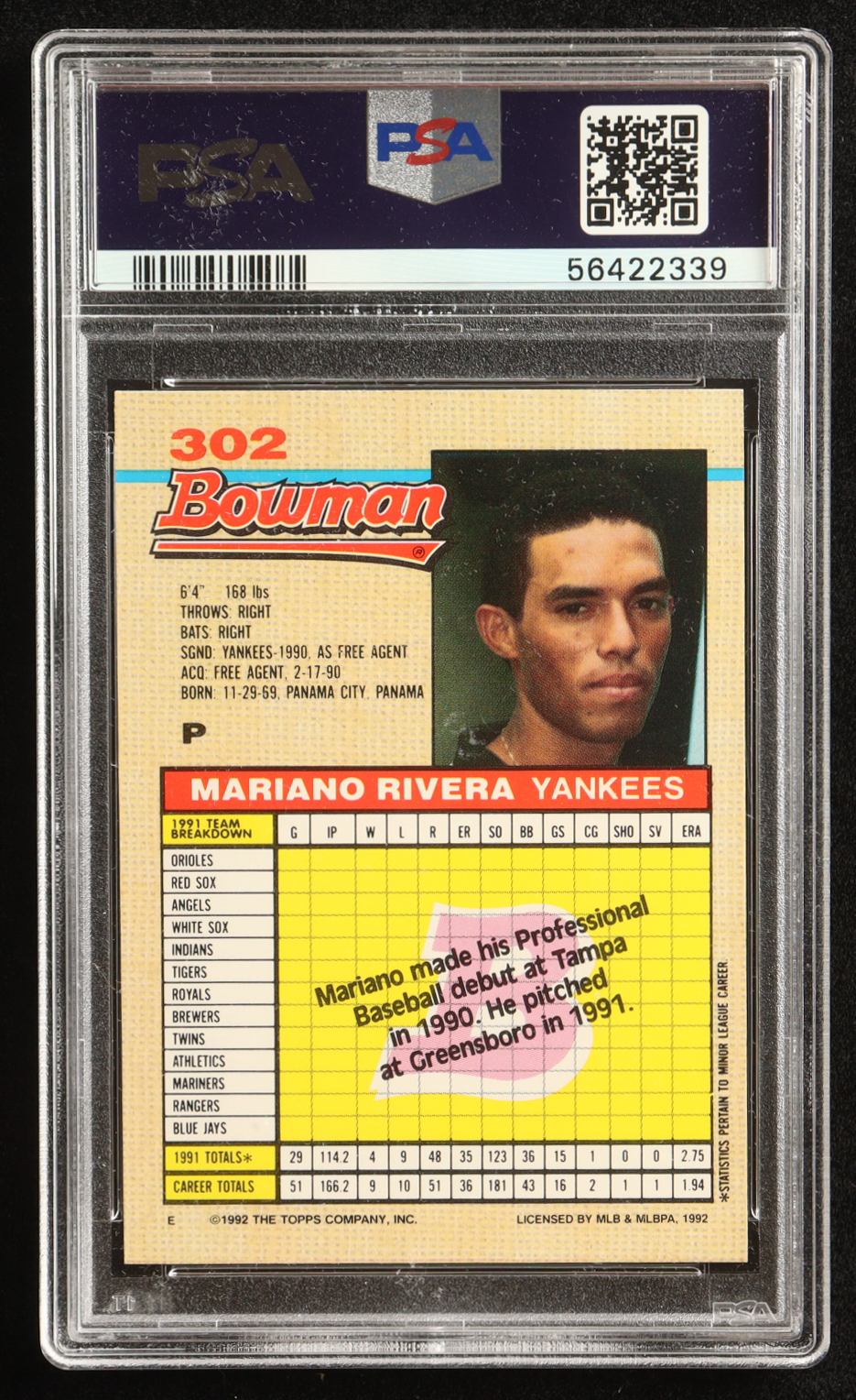 Mariano Rivera 1992 Bowman #302 RC (PSA 9) at PristineAuction.com Mariano Rivera 1992 Bowman #302 RC (PSA 9) at PristineAuction.com