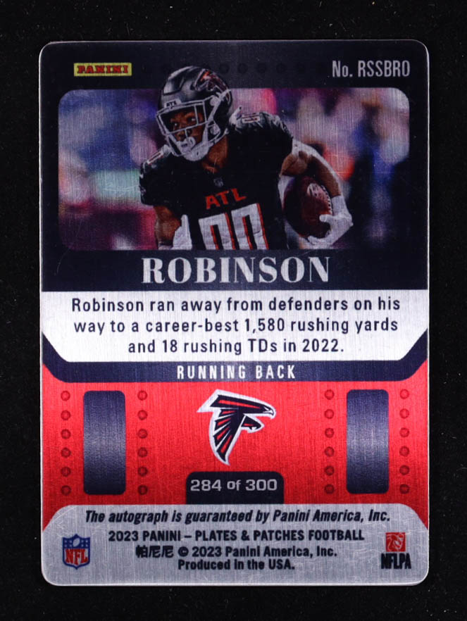 Bijan Robinson 2023 Panini Plates and Patches Rookie Steel Signatures #3 RC #284/300 at PristineAuction.com Bijan Robinson 2023 Panini Plates and Patches Rookie Steel Signatures #3 RC #284/300 at PristineAuction.com