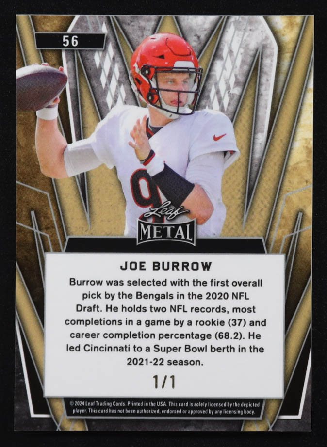 Joe Burrow 2024 Leaf Metal Silver Pulsar #56 #1/1 at PristineAuction.com Joe Burrow 2024 Leaf Metal Silver Pulsar #56 #1/1 at PristineAuction.com