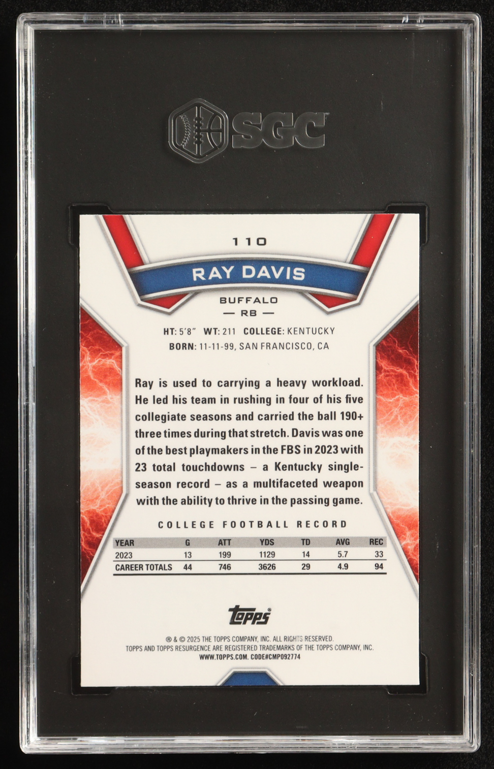 Ray Davis 2024 Topps Resurgence #110 RC (SGC 10) at PristineAuction.com Ray Davis 2024 Topps Resurgence #110 RC (SGC 10) at PristineAuction.com