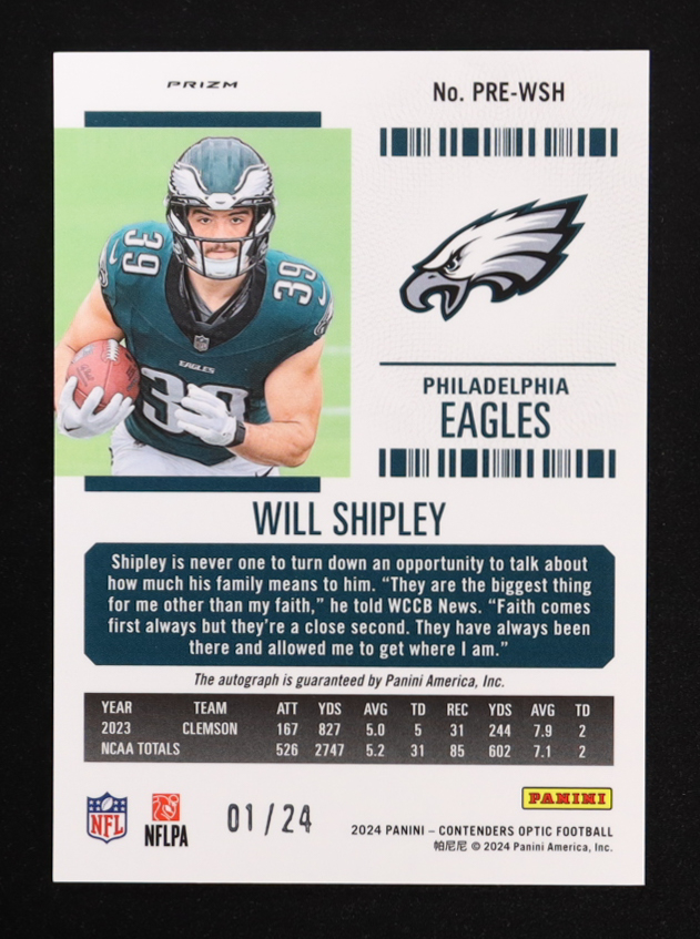Will Shipley 2024 Zenith Contenders Optic Rookie Ticket Variation RPS Preview Red #36 #01/24 RC at PristineAuction.com Will Shipley 2024 Zenith Contenders Optic Rookie Ticket Variation RPS Preview Red #36 #01/24 RC at PristineAuction.com