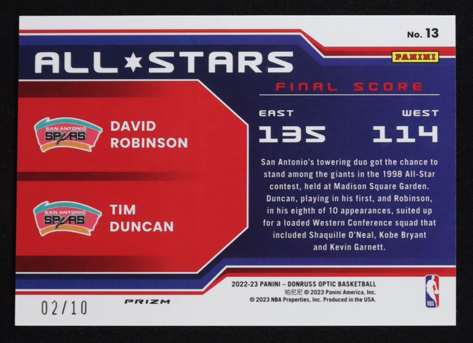 David Robinson / Tim Duncan 2022-23 Donruss Optic All-Stars Gold #13 #2/10 at PristineAuction.com David Robinson / Tim Duncan 2022-23 Donruss Optic All-Stars Gold #13 #2/10 at PristineAuction.com