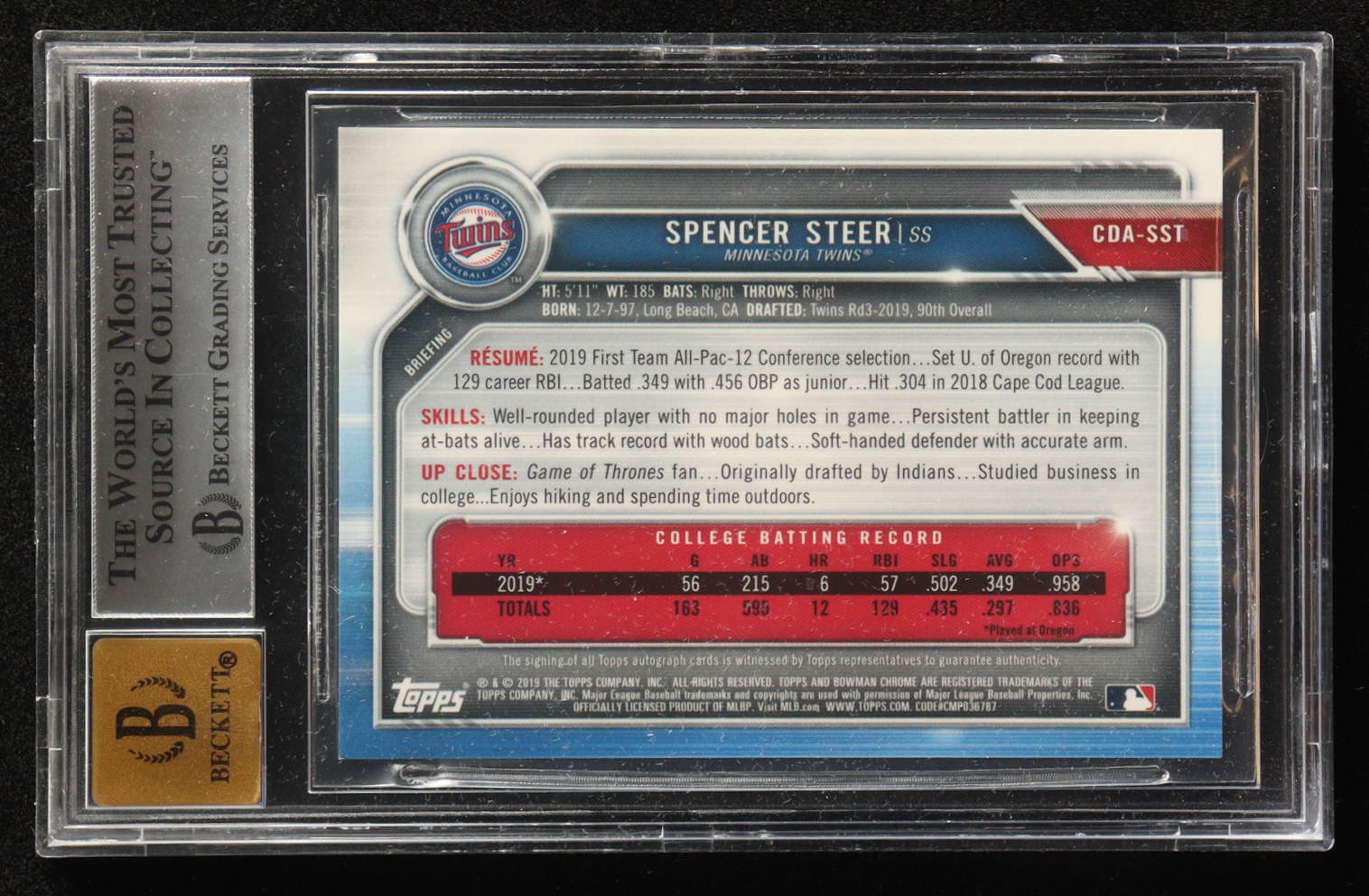 Spencer Steer 2019 Bowman Chrome Draft Autographs Green Refractors #CDASST #46/99 (BGS 9 | Autograph Grade BGS 10) at PristineAuction.com Spencer Steer 2019 Bowman Chrome Draft Autographs Green Refractors #CDASST #46/99 (BGS 9 | Autograph Grade BGS 10) at PristineAuction.com