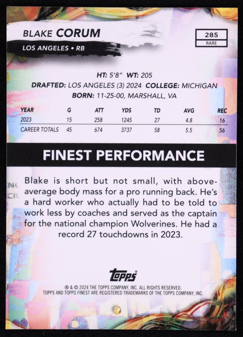 Blake Corum 2024 Finest Blue Refractors #285 #36/99 RC at PristineAuction.com Blake Corum 2024 Finest Blue Refractors #285 #36/99 RC at PristineAuction.com