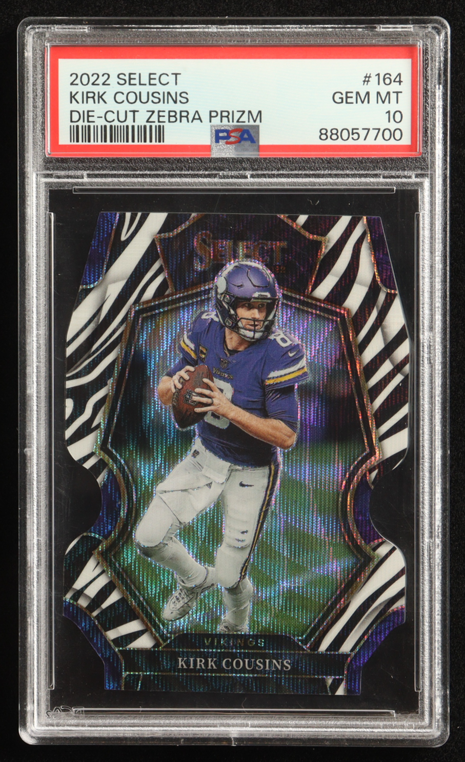 Kirk Cousins 2022 Panini Select Die-Cut Zebra Prizm #184 (PSA 10) at PristineAuction.com Kirk Cousins 2022 Panini Select Die-Cut Zebra Prizm #184 (PSA 10) at PristineAuction.com
