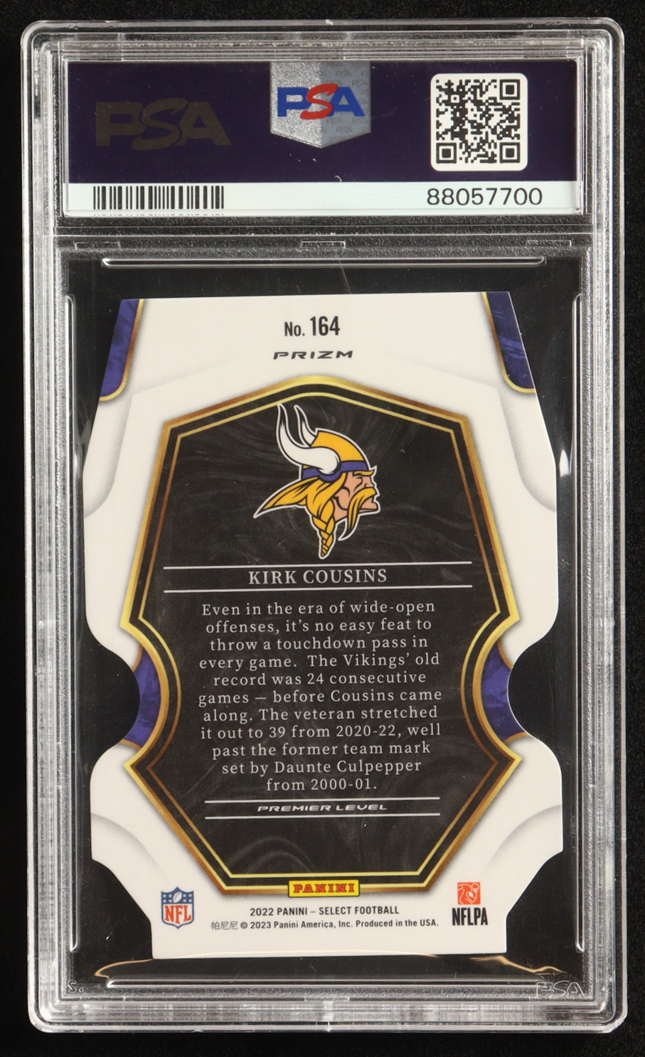 Kirk Cousins 2022 Panini Select Die-Cut Zebra Prizm #184 (PSA 10) at PristineAuction.com Kirk Cousins 2022 Panini Select Die-Cut Zebra Prizm #184 (PSA 10) at PristineAuction.com